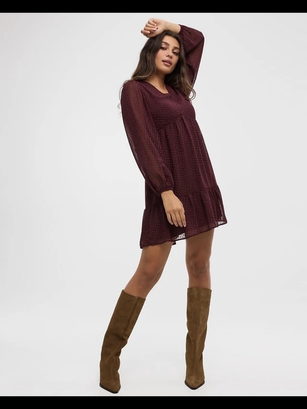 Baby Doll Burgundy Long Sleeve Dress-Reitmans